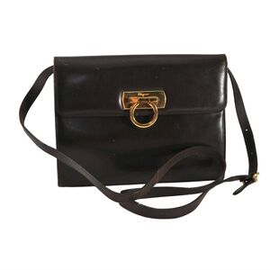 Auth Salvatore Ferragamo Gancini 2Way Shoulder Clutch Bag Leather Dark Brown